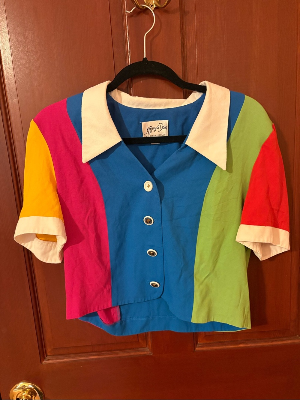 Vintage Colorblock Button Front Crop Top with White Collar